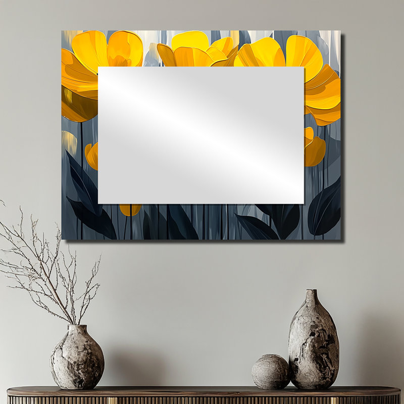 Champ de coquelicots jaune et gris dans la brise II - Miroir mural décoratif floral - imprimé sur métal, 24" x 32"