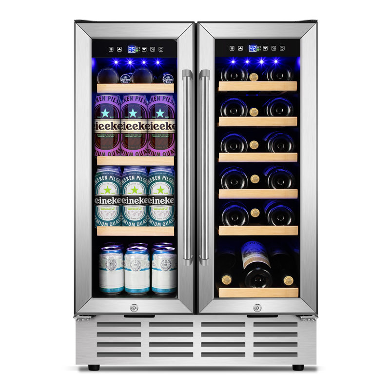  24 Inch Dual Zone Built-in And Freestanding Wine & Beverage Refrigerator - 18 Bottle & 57 Can Capacity, Stainless Steel Frame