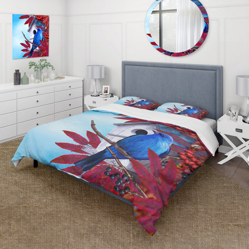Petit oiseau bleu assis sur une branche de feuilles rouges - Ensemble de housse de couette Country - Microfibre de polyester