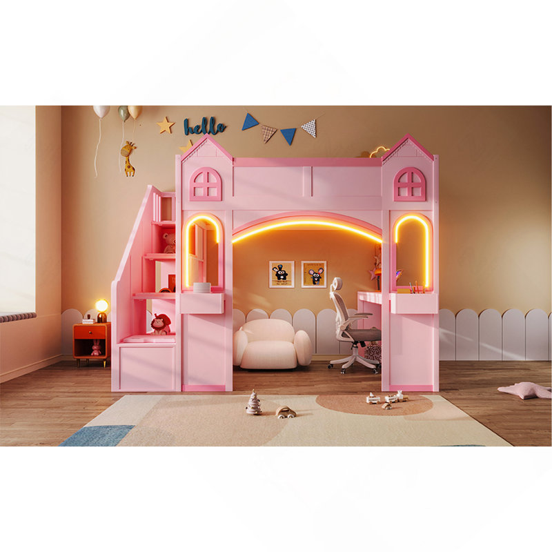 Lit mezzanine château en bois avec escalier de rangement, bureau intégré, fenêtres et lumière DEL, rose