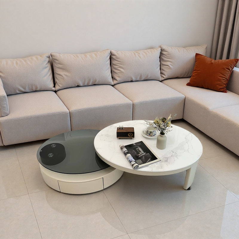 Modern Rotating Coffee Table Set, Cream
