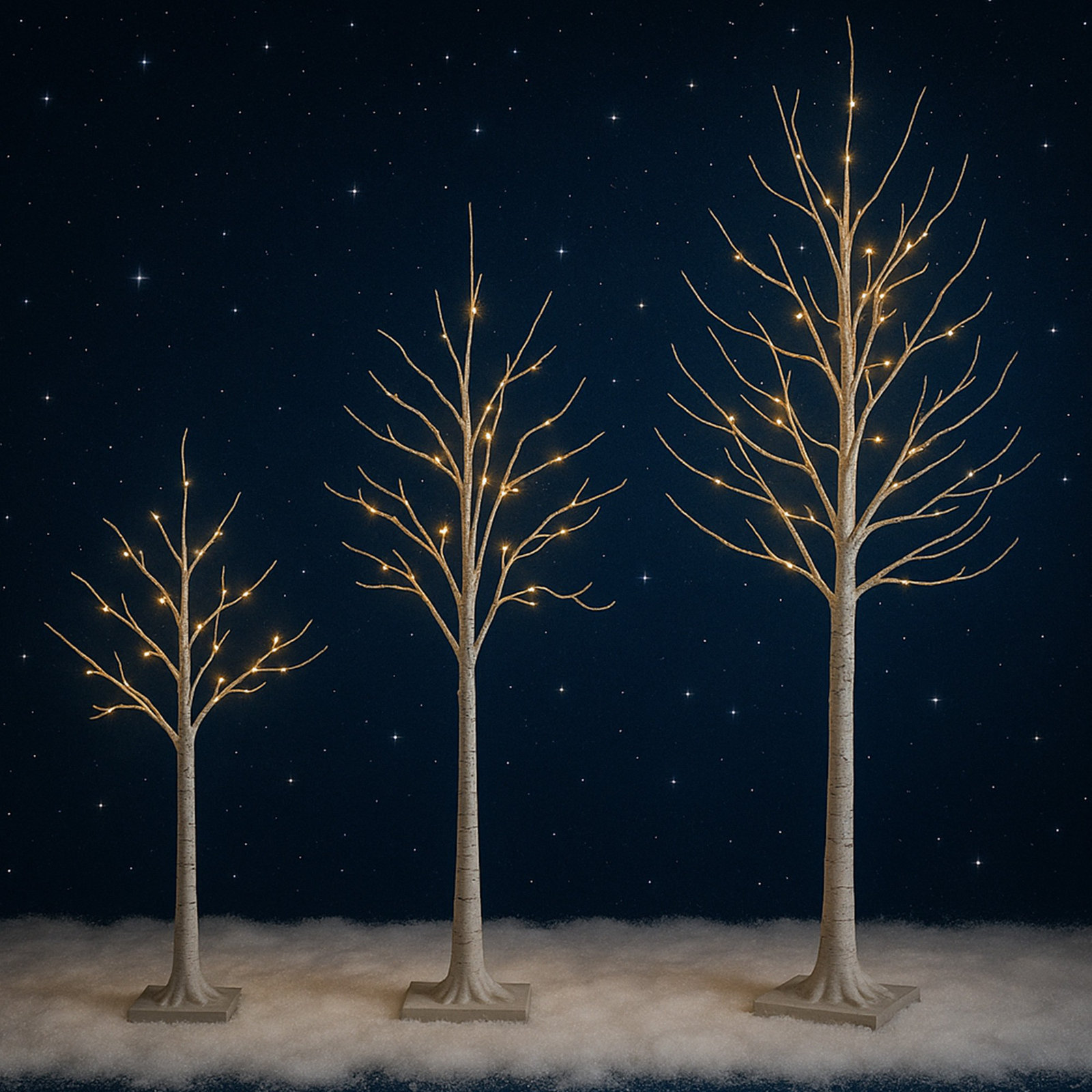 4Ft. 6Ft. 8Ft. Pre-Lit Artificial White Birch Trees With LED Lights - Set Of 3, White, 96'' H X 28'' W X 28'' D
