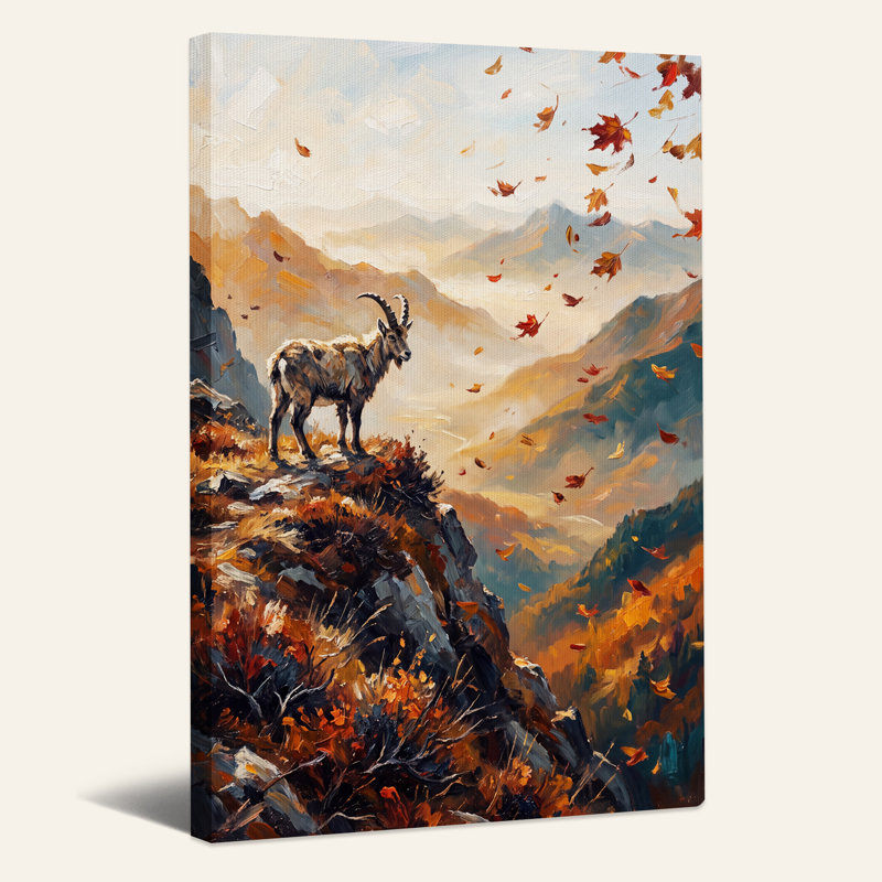 Chèvre de montagne sur une falaise rocheuse avec des feuilles mortes - Toile murale d'Halloween, 48"H x 36"W