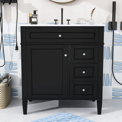 Meuble-lavabo simple en bois avec lavabo en céramique et multi-rangement Epke