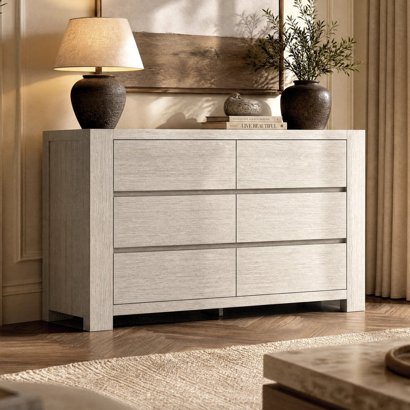 Commode Pura 55'' de style moderne du milieu du siècle, 6 tiroirs, grand espace de rangement, noir, Black