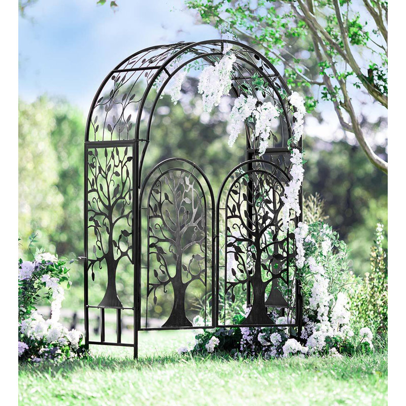 Burnished Bronze Metal Tree of Life Arched Garden Arbor with Gate