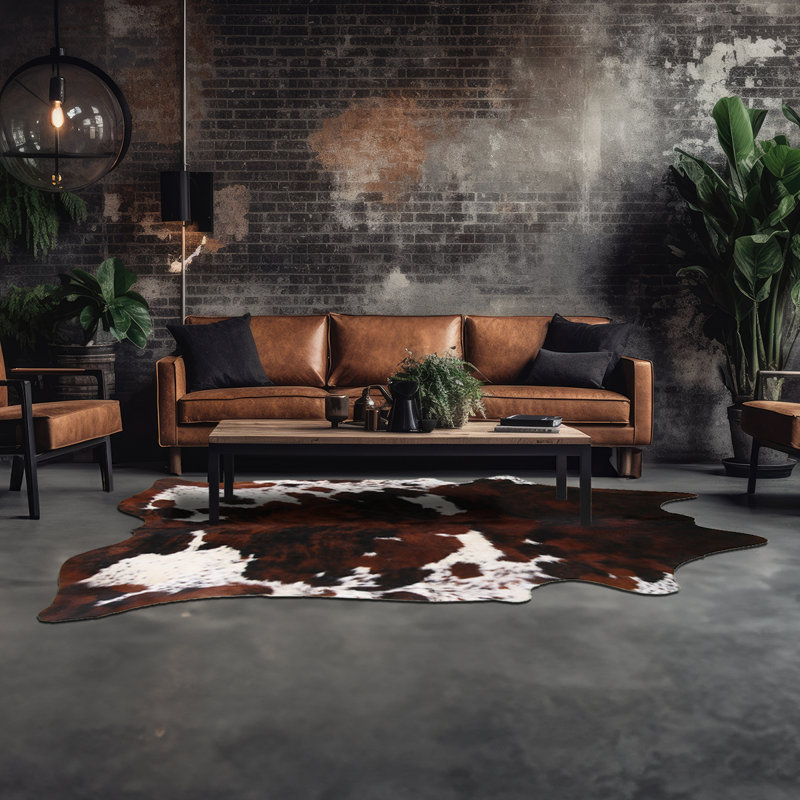 Tapis en peau de vache tricolore sur mesure, Nouveauté 6 pi 2 po x 7 pi 4 po