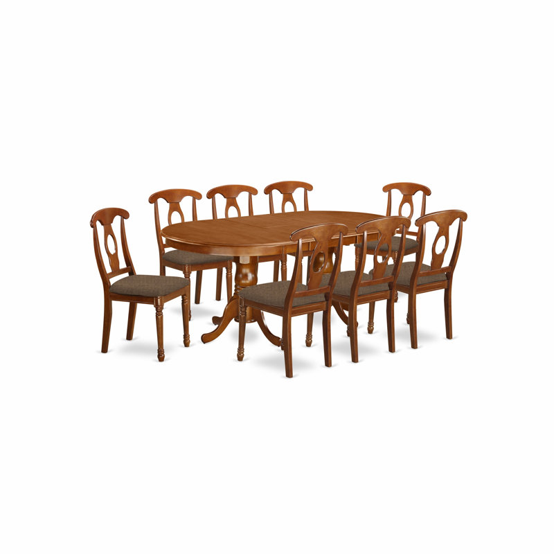 Ensemble de table de salle à manger 9 pièces comprenant une table ovale en bois avec rallonge papillon et 8 chaises de cuisine en lin, brun selle