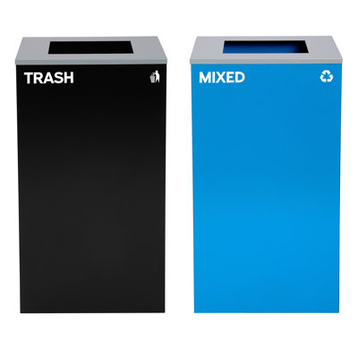 29 Gallon Steel Open Top Mixed Recycling and Trash Can Set with Square Lid