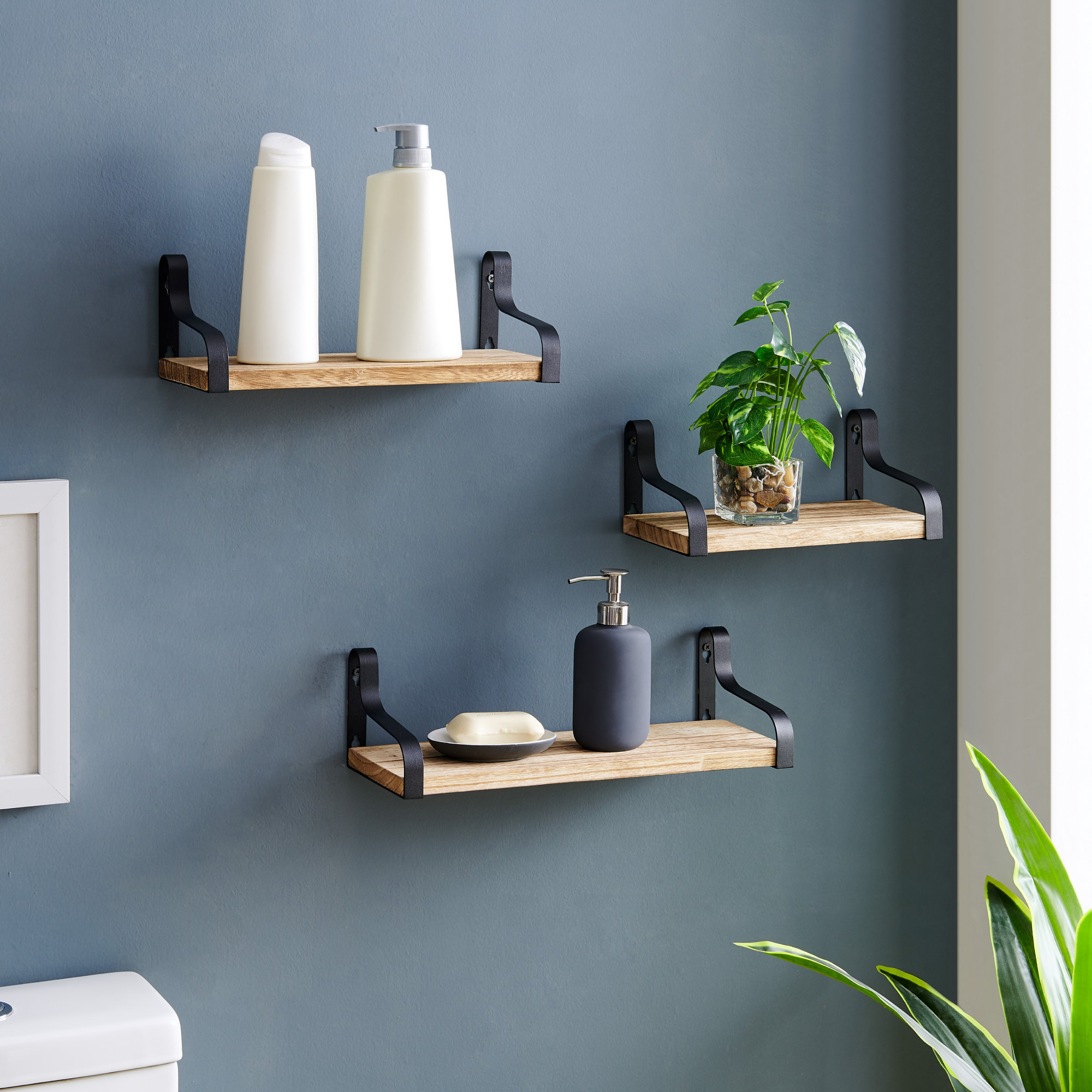 Floating Metal Frame Shelves Wall Mounted Wood Shelf Modern Bathroom  Durable