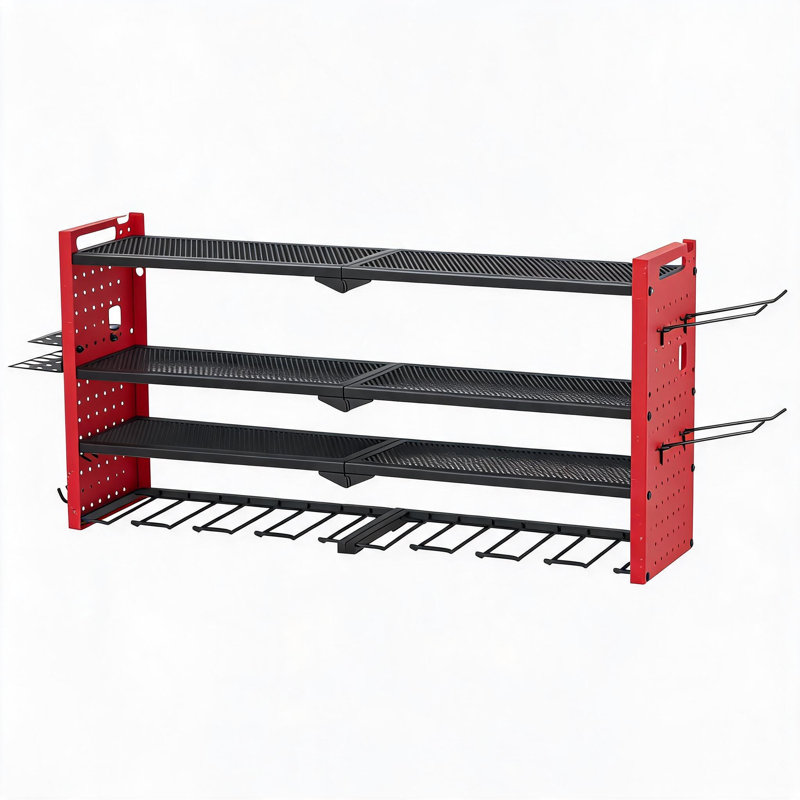 Support mural robuste pour organisateur d'outils électriques - support en métal à 4 couches avec station de charge, 8 supports de perceuse sans fil, tablette de batterie pour le garage - style planche de suspension, 4 couches, 8 fentes, sans multiprise