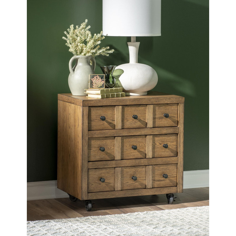 Country Living Vintage Market Apothecary Chest Nightstand with Drawers, Casters, and Power Outlets, Brown