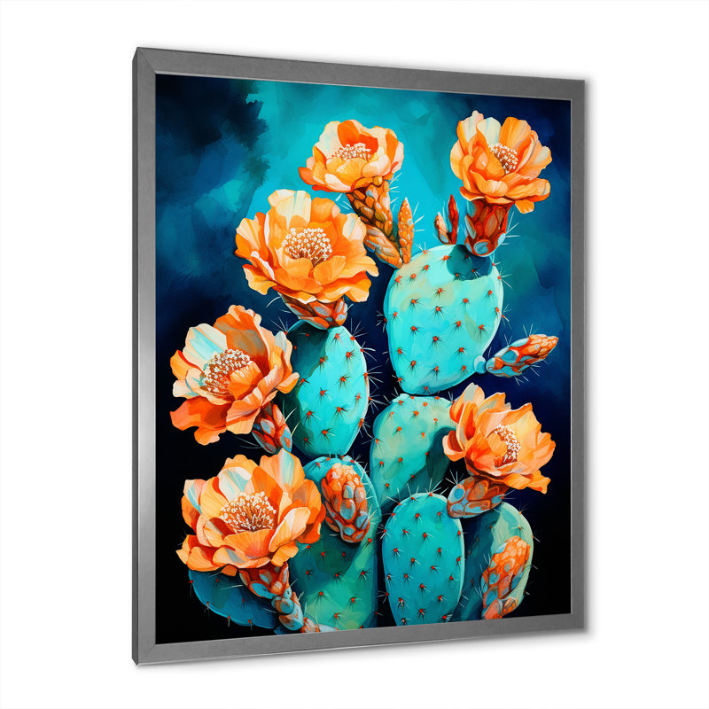 Cactus bleu et bronze brossé sur toile, Cadre simple argenté, H 40 po x l 30 po x P 1,5 po