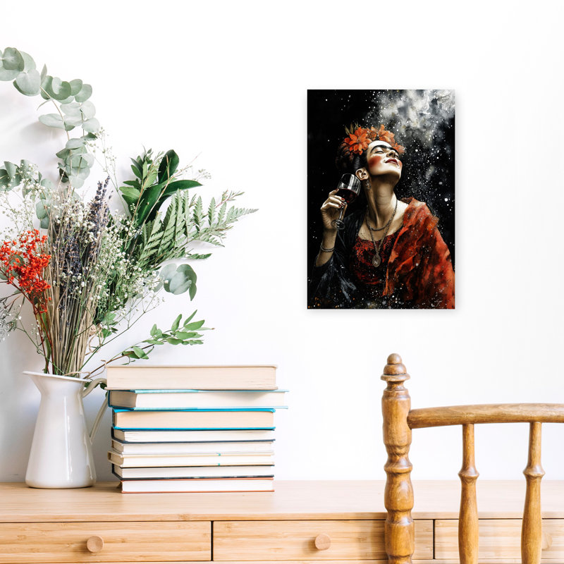 Joyeuse femme, vin rouge, élégant, portrait contemporain, fleur, art mural, H 18 po x l 12 po