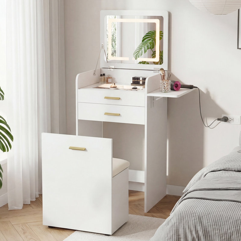 Table de coiffeuse compacte à couvercle rabattable avec miroir intégré et rangement, parfaite pour les petits espaces et une utilisation multifonctionnelle