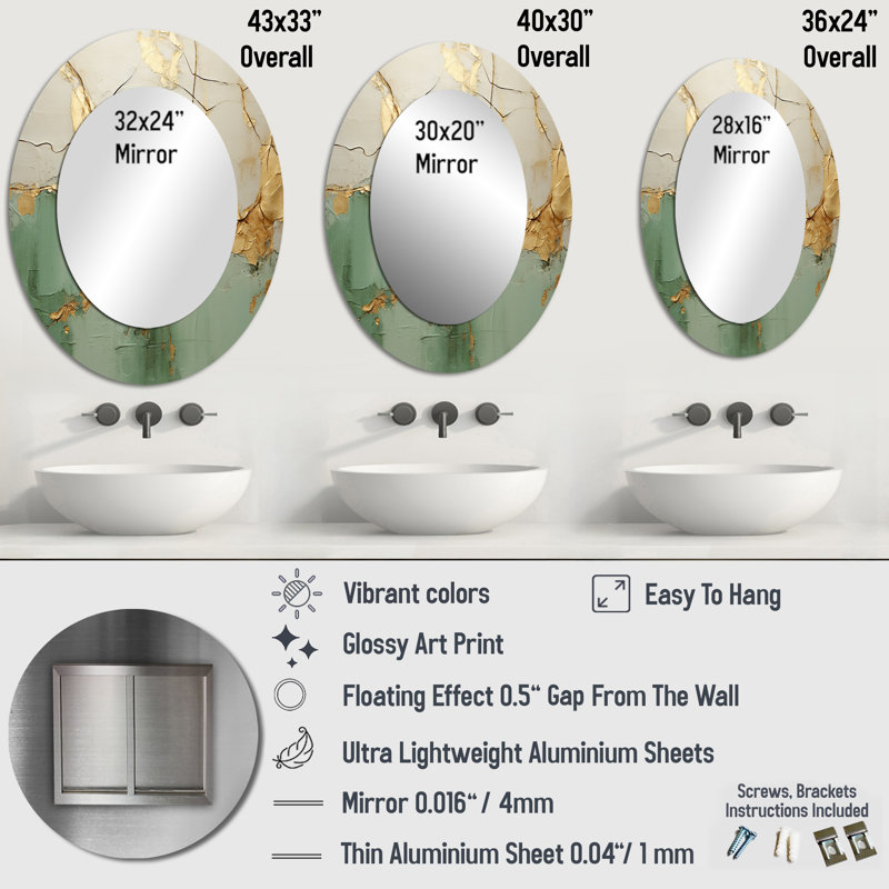 Green Gold Minimalism Poteries - Modern Oval Wall Mirror, 36" x 24"
