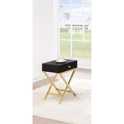 Table d'appoint rectangulaire noire à 1 tiroir avec plateau en bois composite et base en tréteaux