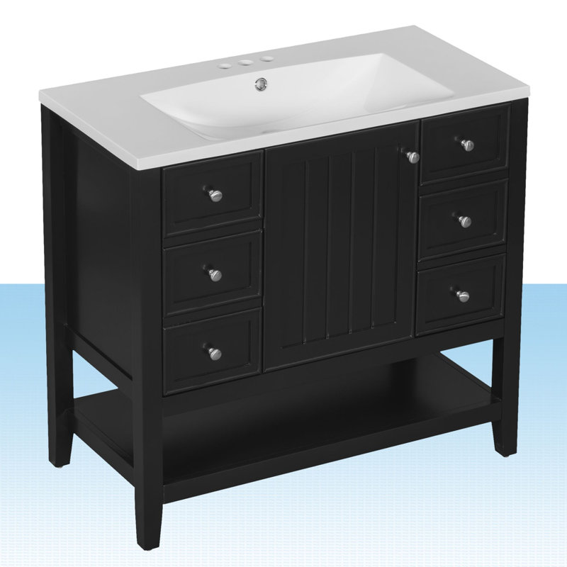 Obieze 36'' Single Bathroom Vanity with Ceramic Top, Black