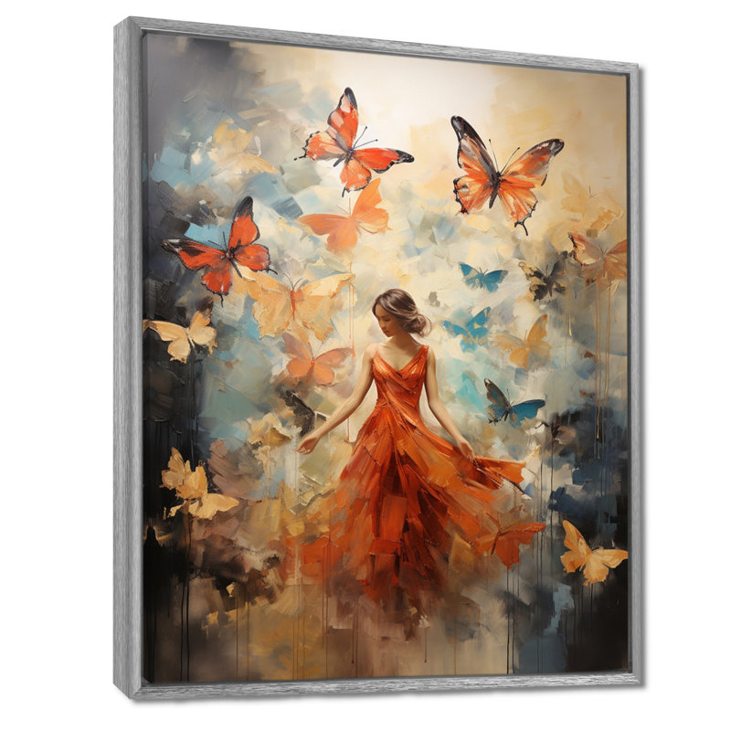 «Butterfly and Woman Dance» - Art mural sur toile, H 44 po x l 34 po x P 1,5 po, Encadrement argenté