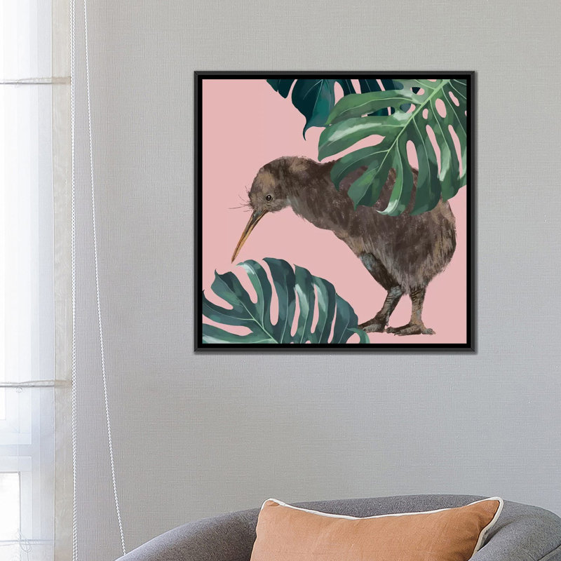 Kiwi oiseau avec monstera art, H 26 po x l 26 po x P 1,5 po, Toile avec cadre noir