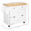 Chariot pour îlot de cuisine roulant avec armoires dissimulées, tiroirs et surface en bois d'hévéa - Rangement pratique, blanc, plateau supérieur, support à épices, porte-serviettes