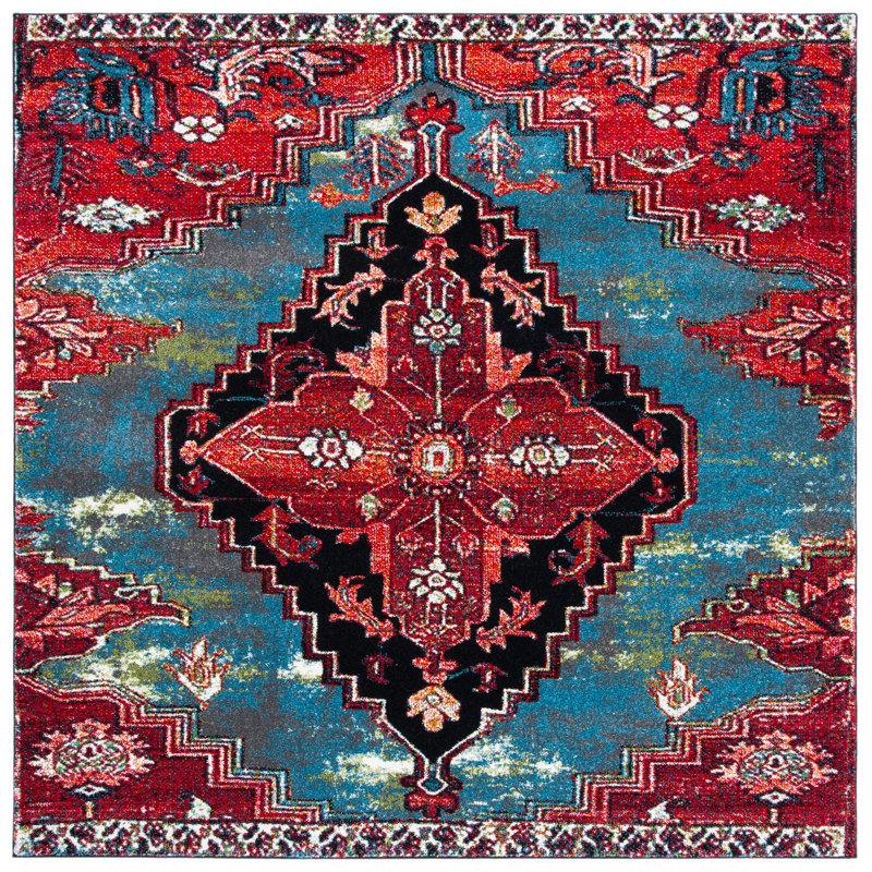 Tapis bleu / rouge Drumnasole Southwestern, Carré 6 pi 7 po