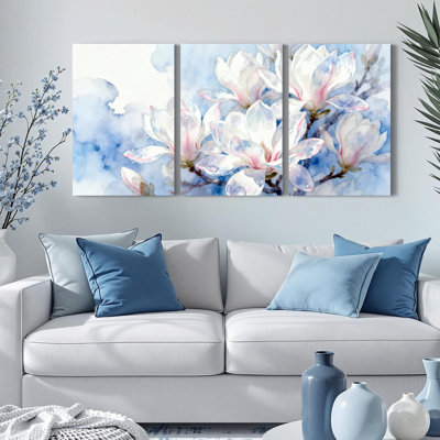 «Watercolor Magnolia Blossoms», art mural tendu sur toile, ensemble de 3
