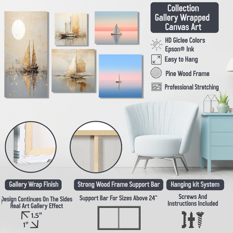 Minimalisme, pêche en bateau doré et gris - ensemble de 5 impressions sur toile, Toile tendue