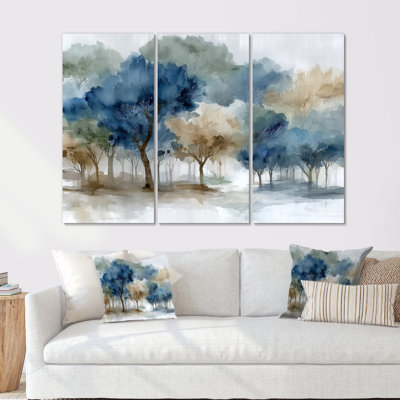 Bleu gris, aquarelle, érable, forêt, Canada, ensemble d'art mural érable