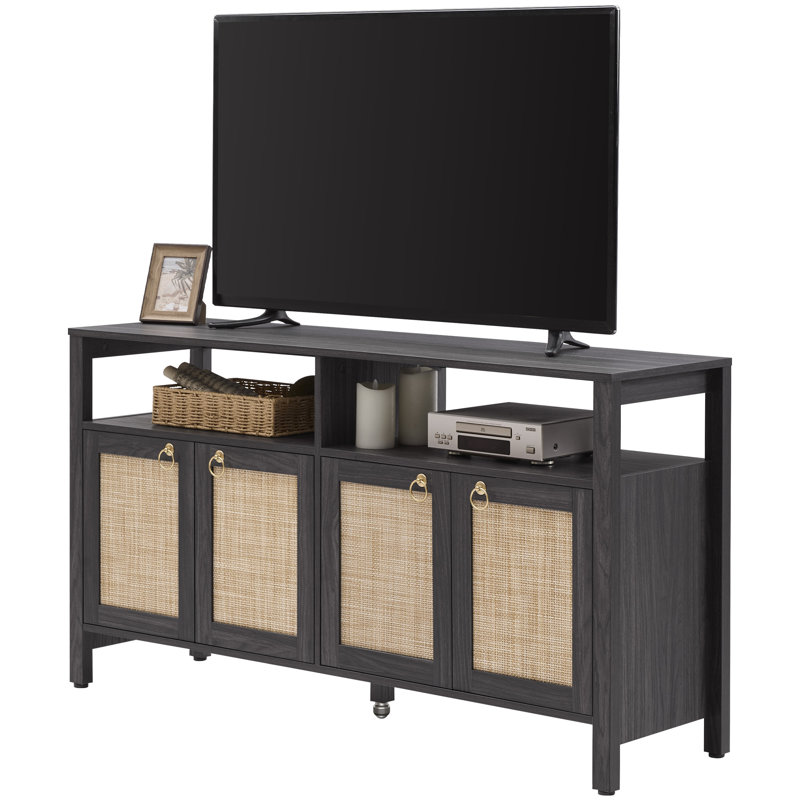 Pomodoro Boho TV Stand With 4 Rattan Storage Cabinets, Farmhouse TV Entertainment Center For Tvs Up To 65'', Obsidian