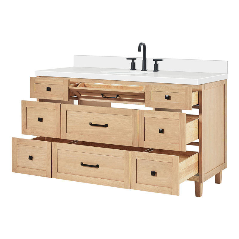 ARIEL Monrow 61 Single Sink Bathroom Vanity with Pure Quartz Top, Oak