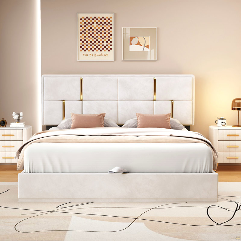 Grand lit plateforme tapissier avec système de rangement hydraulique, aucun sommier nécessaire, Beige