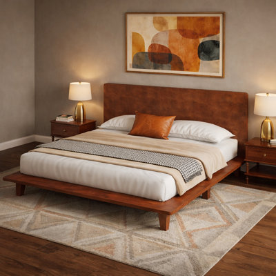 Wood Platform Bed With Wide Edge Frame, Low-Profile, Rectangular Panel Headboard, Contemporary, Bedroom