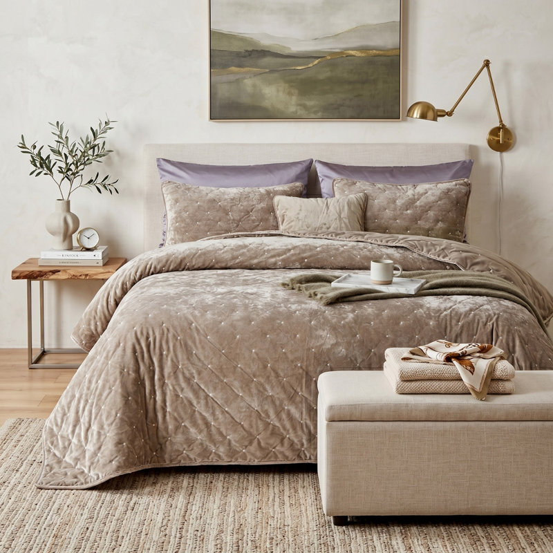 Ensemble de courtepointe Velvety Dreams, Courtepointe très grand + 2 couvre-oreillers stan, Brun