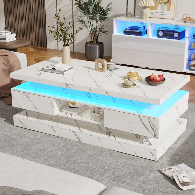 47.2'' LED Coffee Table With 2 Storage Drawers, High Gloss, White
