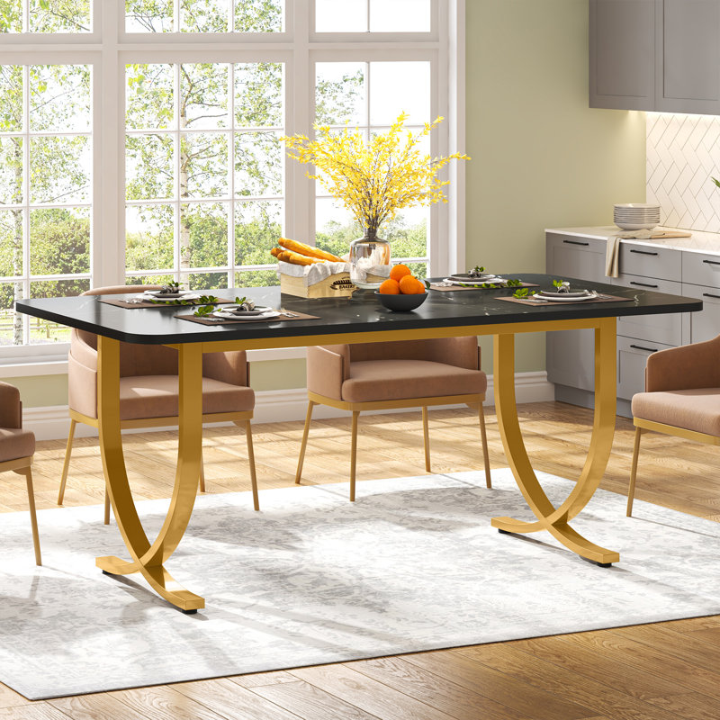 Julianah Unfinished Metal Base Dining Table, Marble Black, Gold