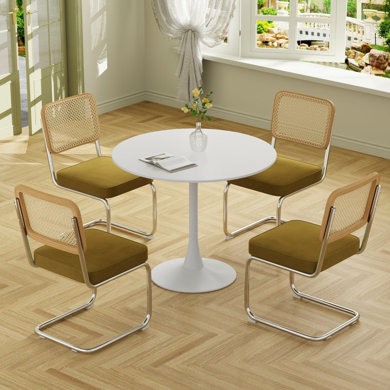 5 - Piece Pedestal Dining Table Set, 28.7"H x 31.5"L x 31.5"W, White, Yellow/Silver
