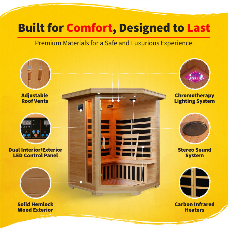 Heatwave 3-Person Hemlock Corner Infrared Sauna with 7 Carbon Heaters