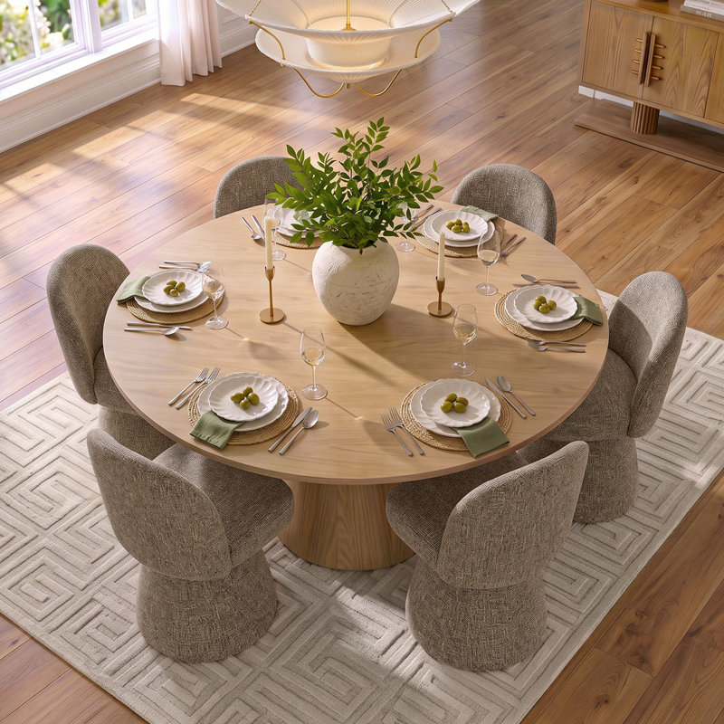 Ensemble de table de salle à manger pour 6 personnes avec table ronde en bois massif et 6 chaises pivotantes en tissu, Brun