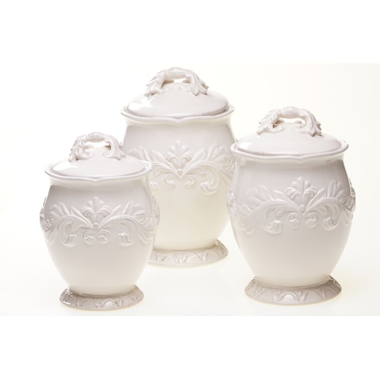 French Country Ceramic Ivory Black Canisters 3 Piece Set