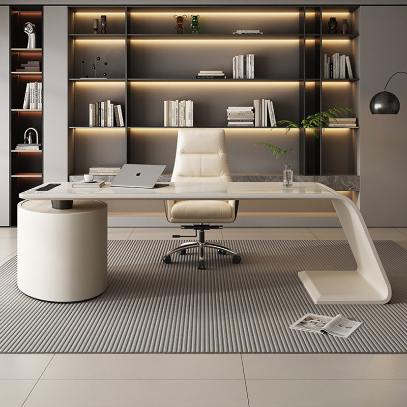 Bureau haut de gamme moderne de style minimaliste blanc avec plateau en pierre frittée et armoire à tiroirs de forme elliptique
