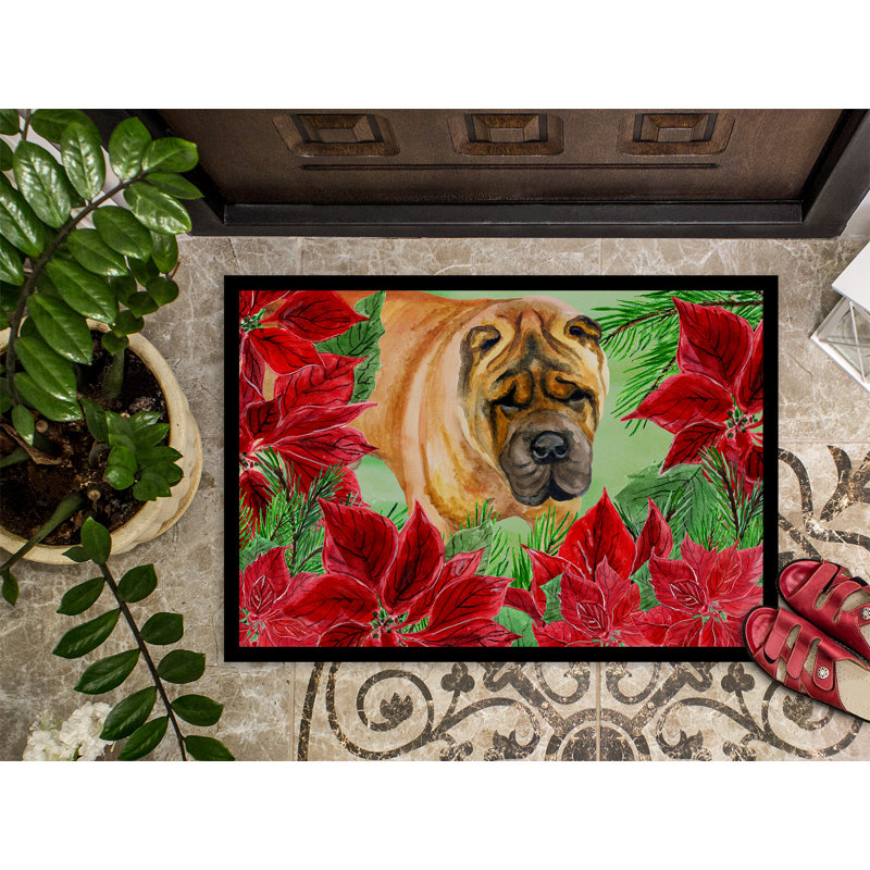 Tapis de porte d’extérieur anti-dérapant partagée pei poinsettas, Rectangle 1 pi 6 po x 2 pi 3 po