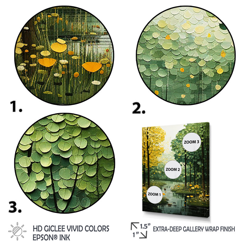 " Green Yellow Trees Verdant Canopy Patchwork ", 40" H x 30" W x 1.5" D, Gold Floater Framed
