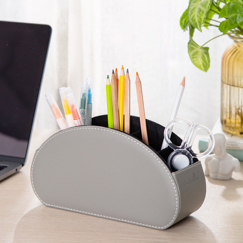 Boîte de rangement pour télécommande avec 5 compartiments en cuir de polyuréthane bleu multifonctionnel pour bureau avec rangement et télécommande pour lecteur multimédia, brosse, crayon, lunettes et fournitures de bureau