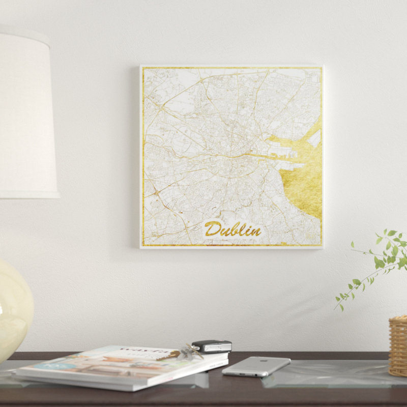 «Dublin Gold Leaf Urban Blueprint Map», impression sur toile, H 48 po x l 48 po x P 1,5 po, Toile tendue, Pas de tapis
