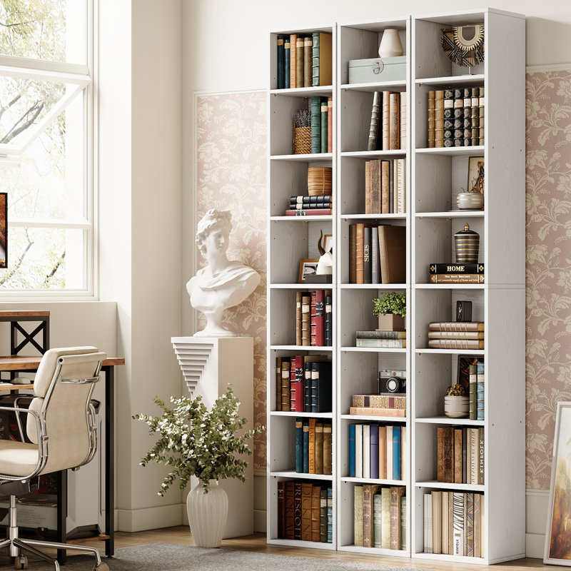 Narrow Design Storage,8-layer Thin High Bookcase With Open Adjustable Shelves,cube Display Rack, White