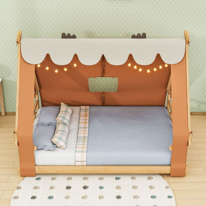 Lit en bois avec lumière et tente, Double, Brun