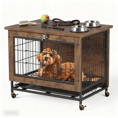 Meuble de caisse en bois pour chien avec roulettes verrouillables et structure en métal, meuble pour chien avec 2 portes et plateau