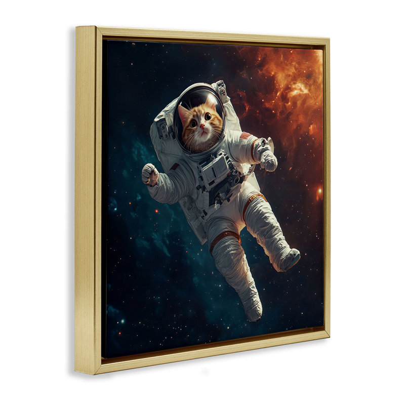 Cadre flottant interstellaire pour chat astronaute, design par Jim Baldwin, H 25 po x l 25 po, Cadre flottant métallique doré