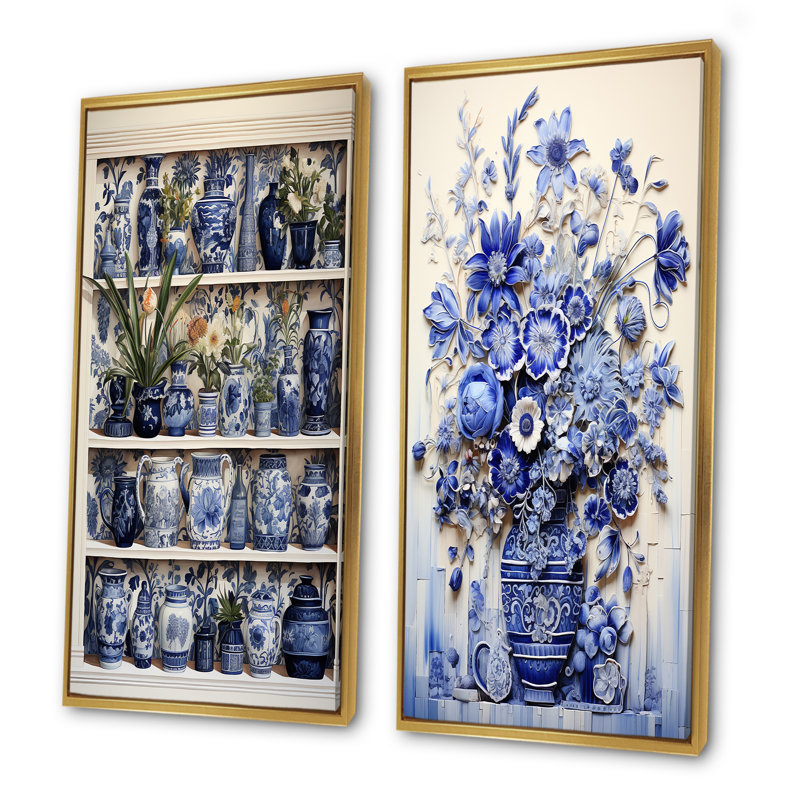 Ensemble de 2 décorations murales bleues et blanches Boho Plant Pottery II - Boho Pottery, Cadre flottant doré